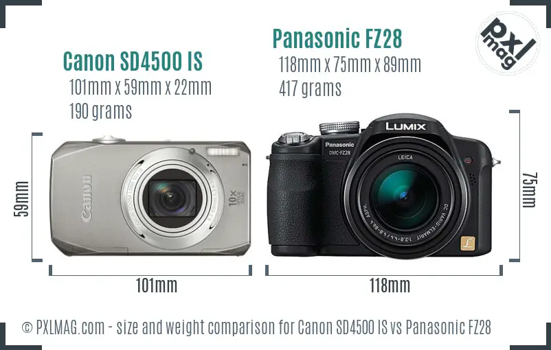 Canon SD4500 IS vs Panasonic FZ28 size comparison Canon SD4500 IS vs Panasonic FZ28 size comparison