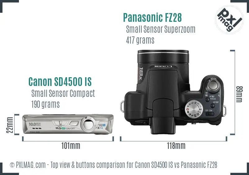 Canon SD4500 IS vs Panasonic FZ28 top view buttons comparison Canon SD4500 IS vs Panasonic FZ28 top view buttons comparison