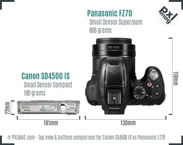 Canon SD4500 IS vs Panasonic FZ70 top view buttons comparison