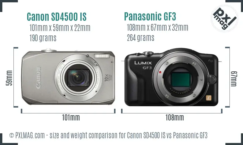Canon SD4500 IS vs Panasonic GF3 size comparison