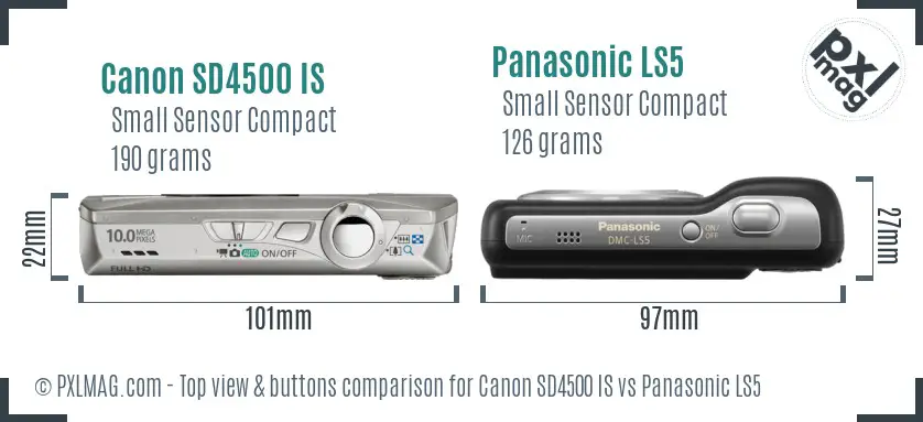 Canon SD4500 IS vs Panasonic LS5 top view buttons comparison