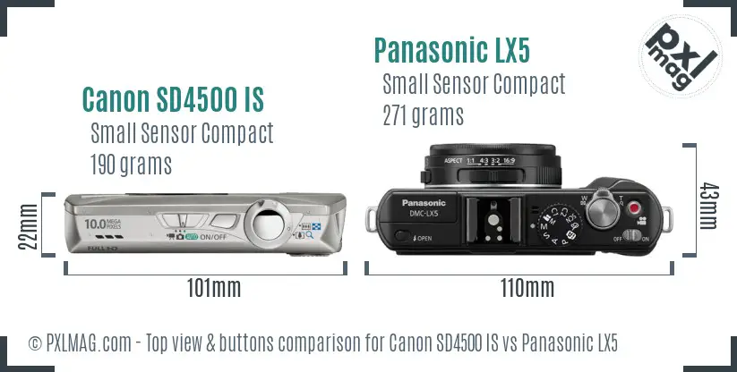Canon SD4500 IS vs Panasonic LX5 top view buttons comparison