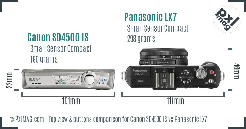 Canon SD4500 IS vs Panasonic LX7 top view buttons comparison