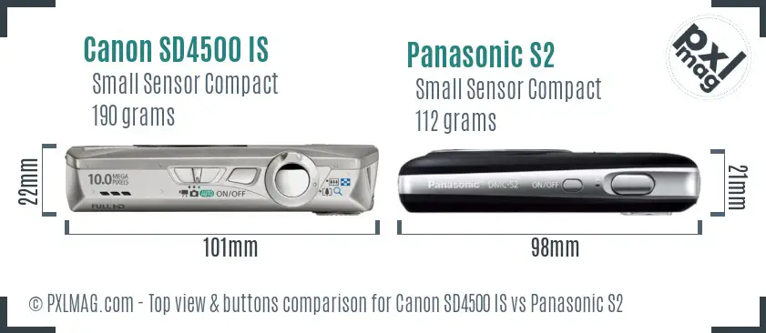 Canon SD4500 IS vs Panasonic S2 top view buttons comparison Canon SD4500 IS vs Panasonic S2 top view buttons comparison