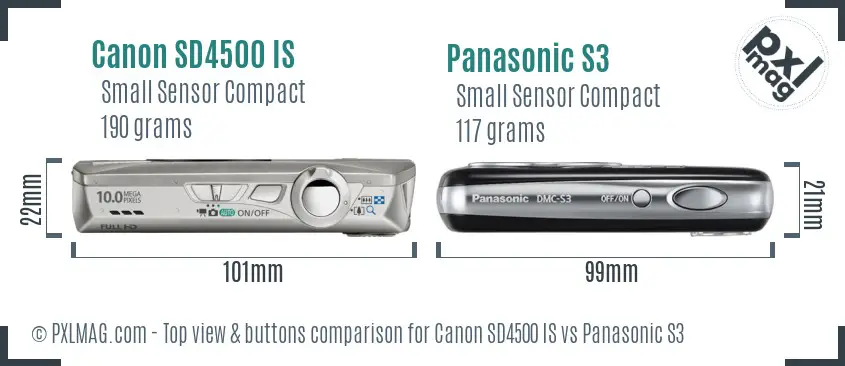 Canon SD4500 IS vs Panasonic S3 top view buttons comparison Canon SD4500 IS vs Panasonic S3 top view buttons comparison