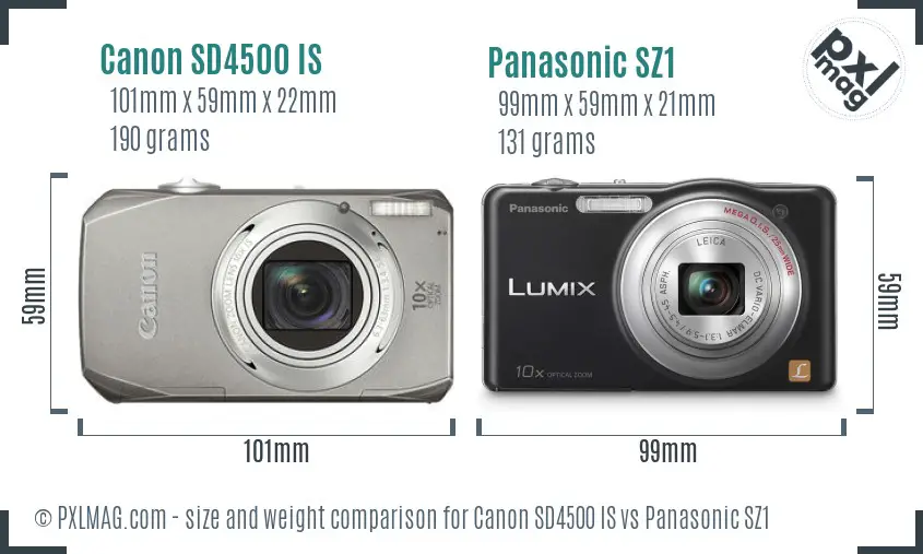 Canon SD4500 IS vs Panasonic SZ1 size comparison