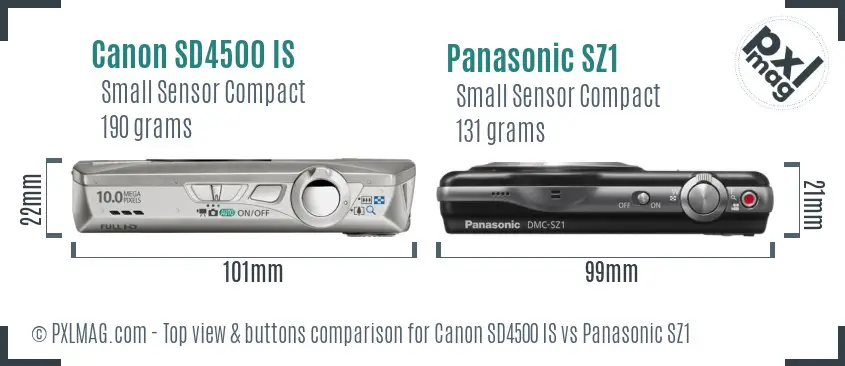 Canon SD4500 IS vs Panasonic SZ1 top view buttons comparison