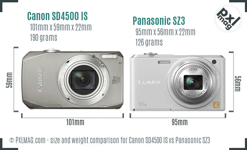 Canon SD4500 IS vs Panasonic SZ3 size comparison