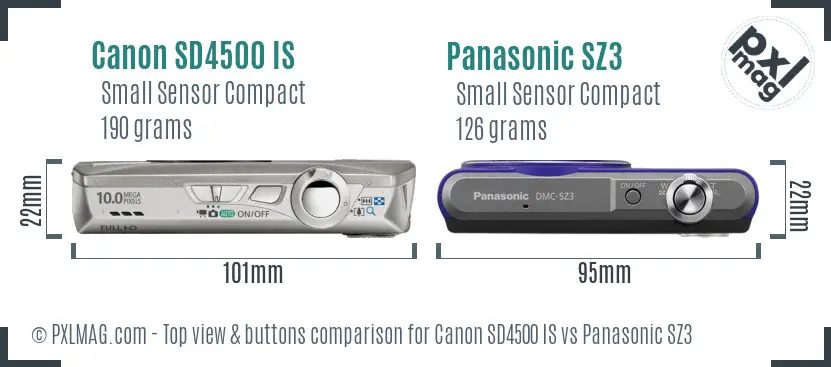 Canon SD4500 IS vs Panasonic SZ3 top view buttons comparison