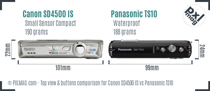 Canon SD4500 IS vs Panasonic TS10 top view buttons comparison