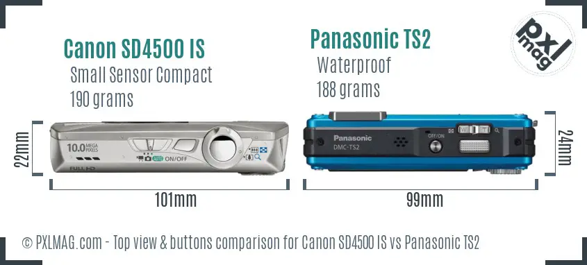 Canon SD4500 IS vs Panasonic TS2 top view buttons comparison Canon SD4500 IS vs Panasonic TS2 top view buttons comparison