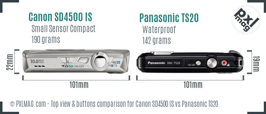 Canon SD4500 IS vs Panasonic TS20 top view buttons comparison Canon SD4500 IS vs Panasonic TS20 top view buttons comparison