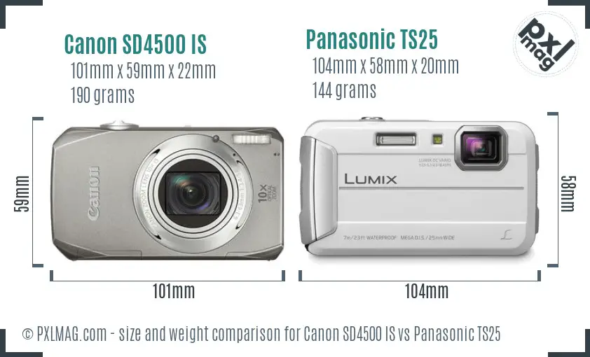 Canon SD4500 IS vs Panasonic TS25 size comparison