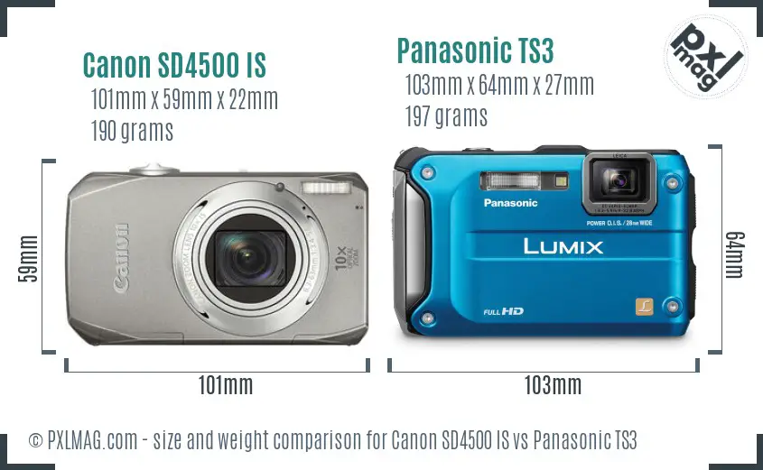 Canon SD4500 IS vs Panasonic TS3 size comparison