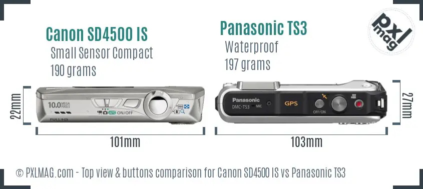 Canon SD4500 IS vs Panasonic TS3 top view buttons comparison