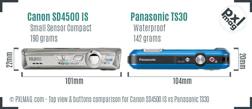 Canon SD4500 IS vs Panasonic TS30 top view buttons comparison Canon SD4500 IS vs Panasonic TS30 top view buttons comparison