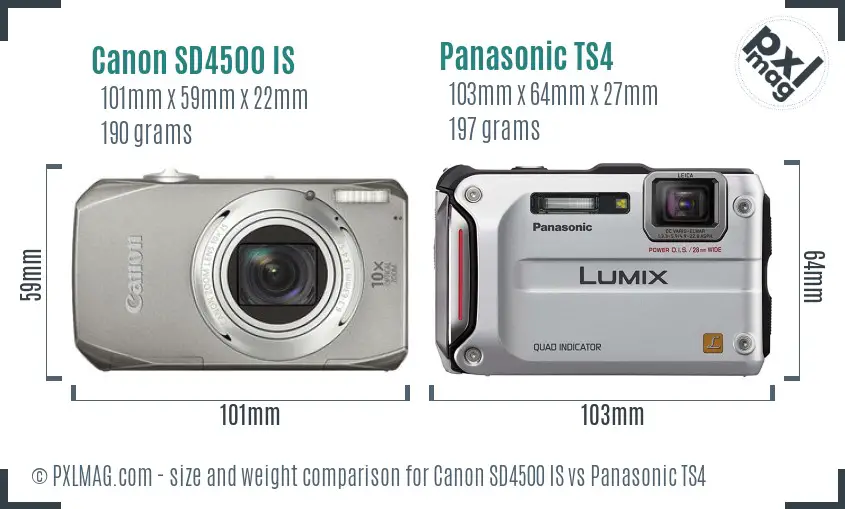 Canon SD4500 IS vs Panasonic TS4 size comparison