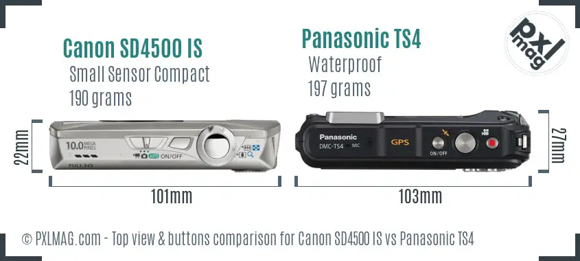 Canon SD4500 IS vs Panasonic TS4 top view buttons comparison