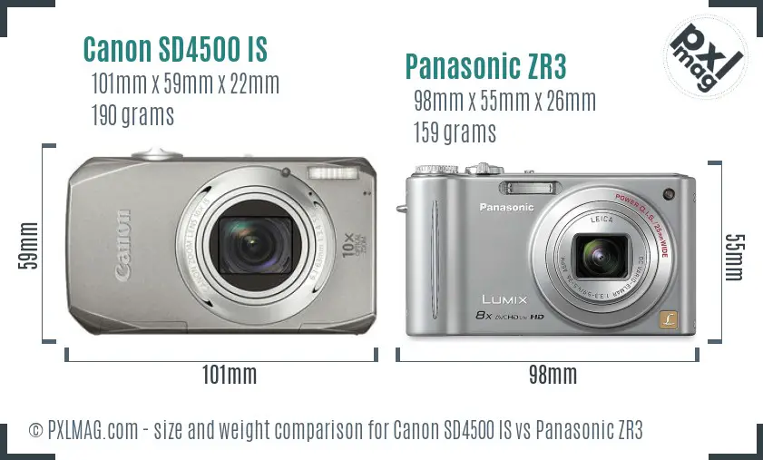 Canon SD4500 IS vs Panasonic ZR3 size comparison