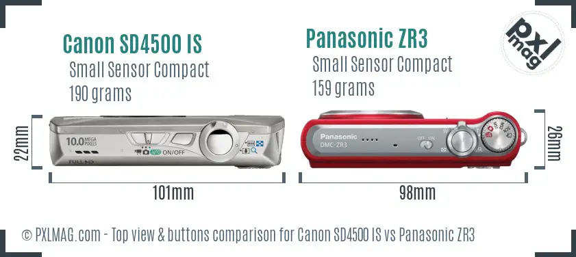 Canon SD4500 IS vs Panasonic ZR3 top view buttons comparison