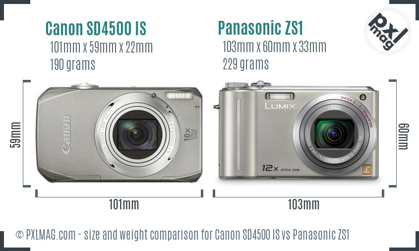 Canon SD4500 IS vs Panasonic ZS1 size comparison
