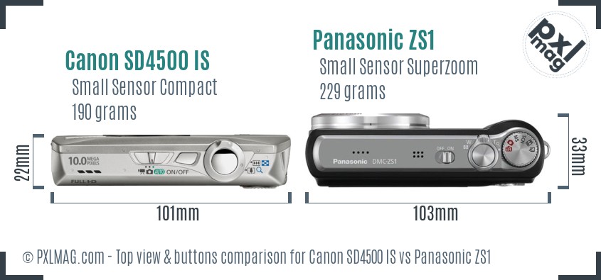 Canon SD4500 IS vs Panasonic ZS1 top view buttons comparison