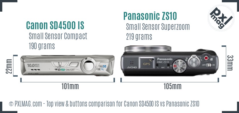 Canon SD4500 IS vs Panasonic ZS10 top view buttons comparison