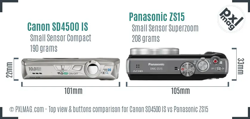 Canon SD4500 IS vs Panasonic ZS15 top view buttons comparison