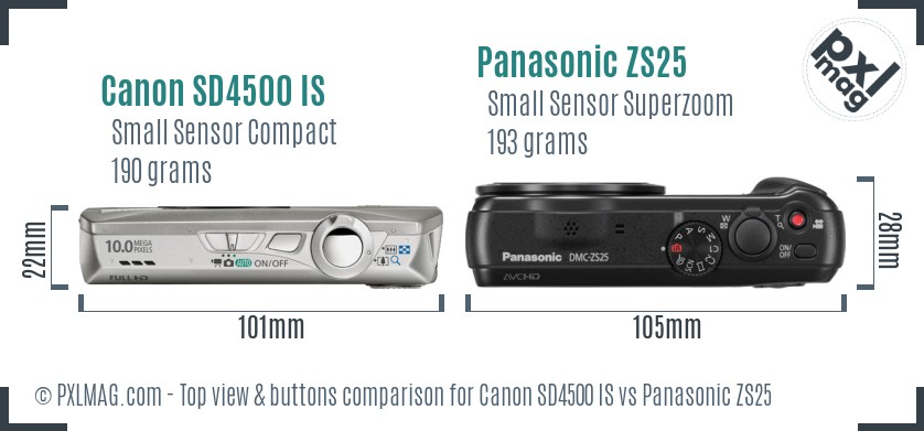 Canon SD4500 IS vs Panasonic ZS25 top view buttons comparison
