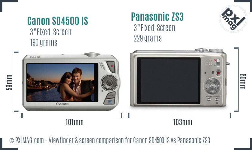 Canon SD4500 IS vs Panasonic ZS3 Screen and Viewfinder comparison