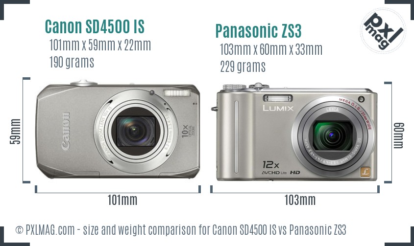 Canon SD4500 IS vs Panasonic ZS3 size comparison
