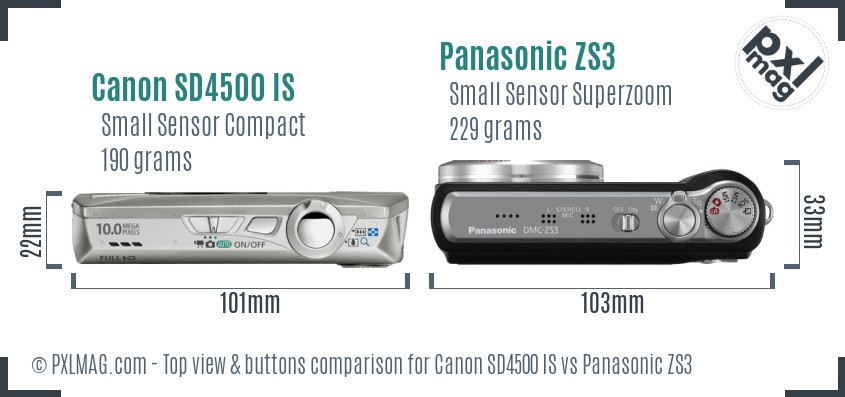 Canon SD4500 IS vs Panasonic ZS3 top view buttons comparison