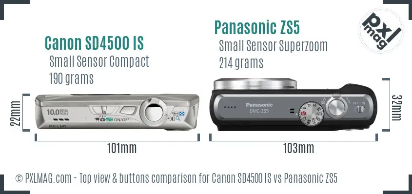 Canon SD4500 IS vs Panasonic ZS5 top view buttons comparison Canon SD4500 IS vs Panasonic ZS5 top view buttons comparison