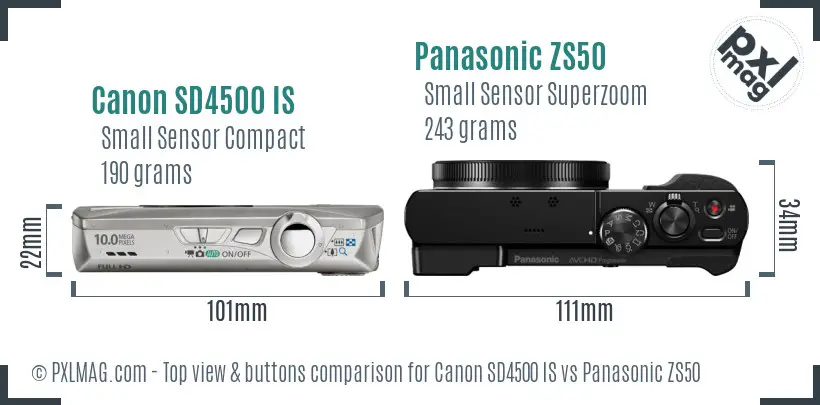 Canon SD4500 IS vs Panasonic ZS50 top view buttons comparison