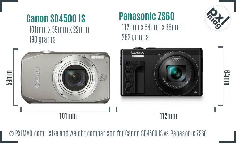 Canon SD4500 IS vs Panasonic ZS60 size comparison