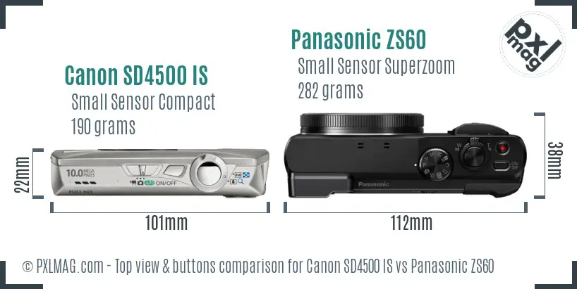 Canon SD4500 IS vs Panasonic ZS60 top view buttons comparison