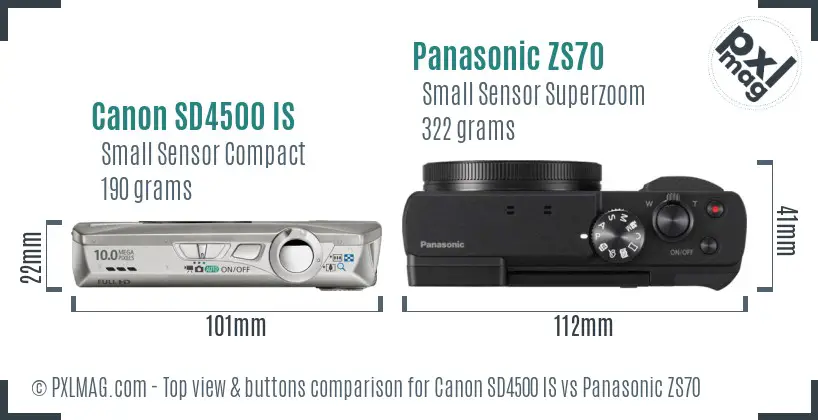 Canon SD4500 IS vs Panasonic ZS70 top view buttons comparison