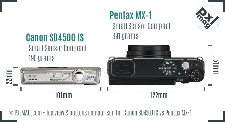 Canon SD4500 IS vs Pentax MX-1 top view buttons comparison