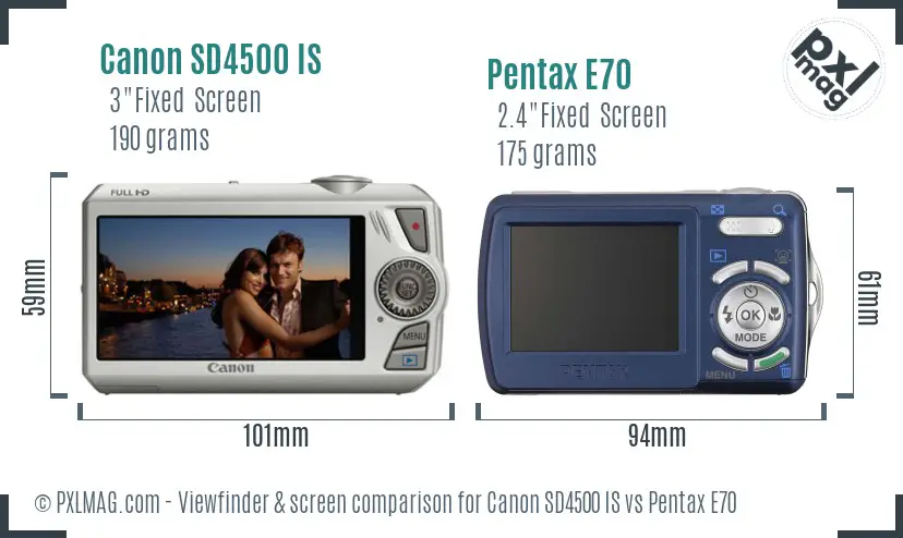 Canon SD4500 IS vs Pentax E70 Screen and Viewfinder comparison