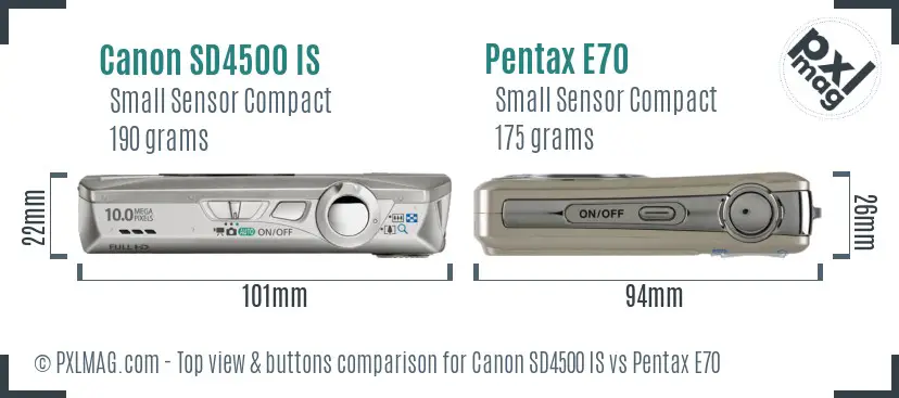Canon SD4500 IS vs Pentax E70 top view buttons comparison