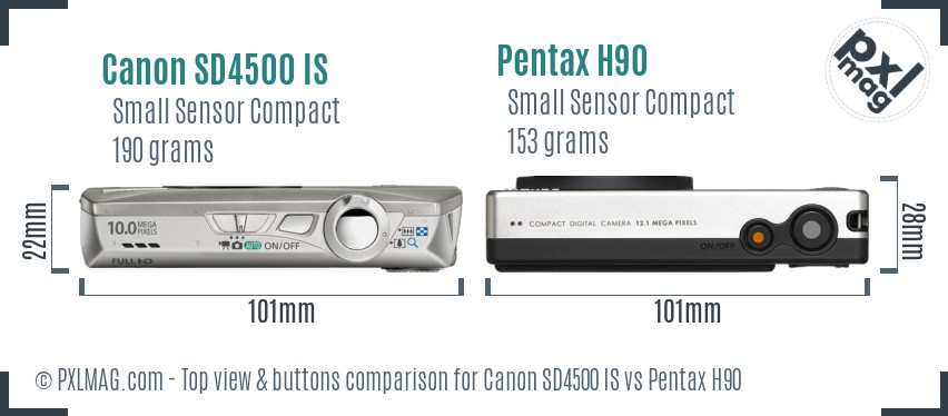 Canon SD4500 IS vs Pentax H90 top view buttons comparison
