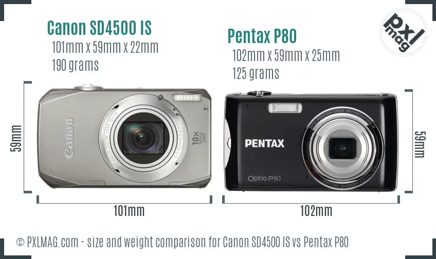 Canon SD4500 IS vs Pentax P80 size comparison