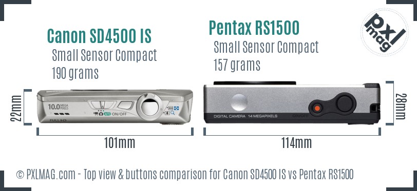 Canon SD4500 IS vs Pentax RS1500 top view buttons comparison