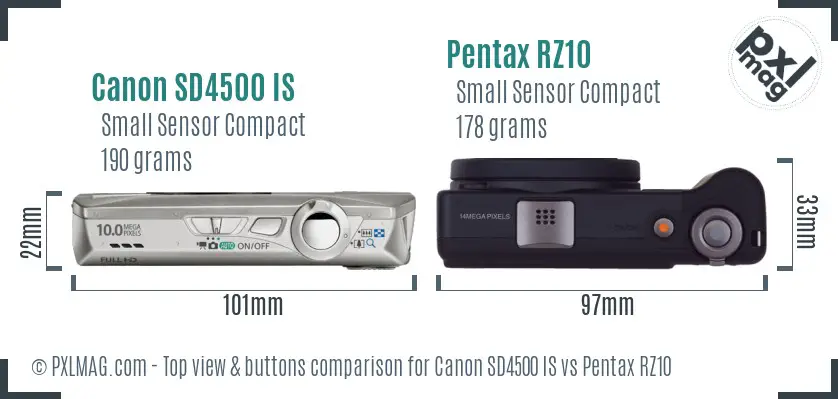 Canon SD4500 IS vs Pentax RZ10 top view buttons comparison