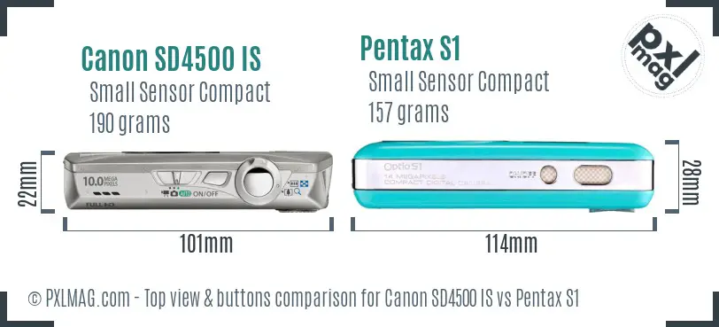 Canon SD4500 IS vs Pentax S1 top view buttons comparison