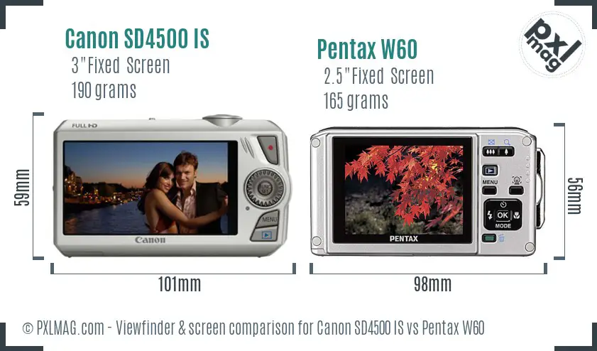 Canon SD4500 IS vs Pentax W60 Screen and Viewfinder comparison