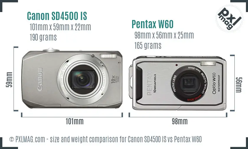 Canon SD4500 IS vs Pentax W60 size comparison