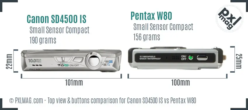 Canon SD4500 IS vs Pentax W80 top view buttons comparison Canon SD4500 IS vs Pentax W80 top view buttons comparison