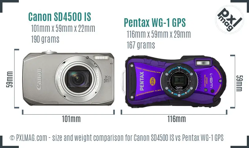 Canon SD4500 IS vs Pentax WG-1 GPS size comparison Canon SD4500 IS vs Pentax WG-1 GPS size comparison