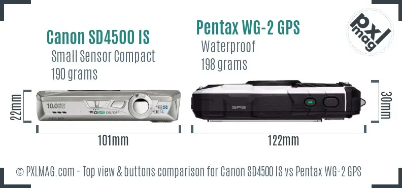 Canon SD4500 IS vs Pentax WG-2 GPS top view buttons comparison